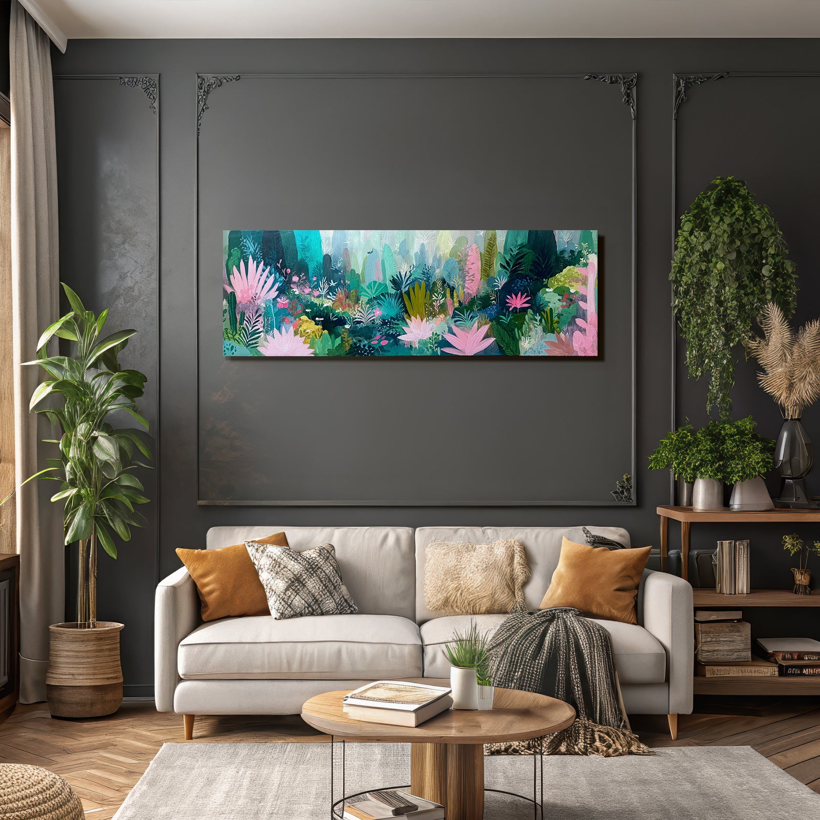 Tropics and jungle colorful abstract illustration of a garden with plants and flowers