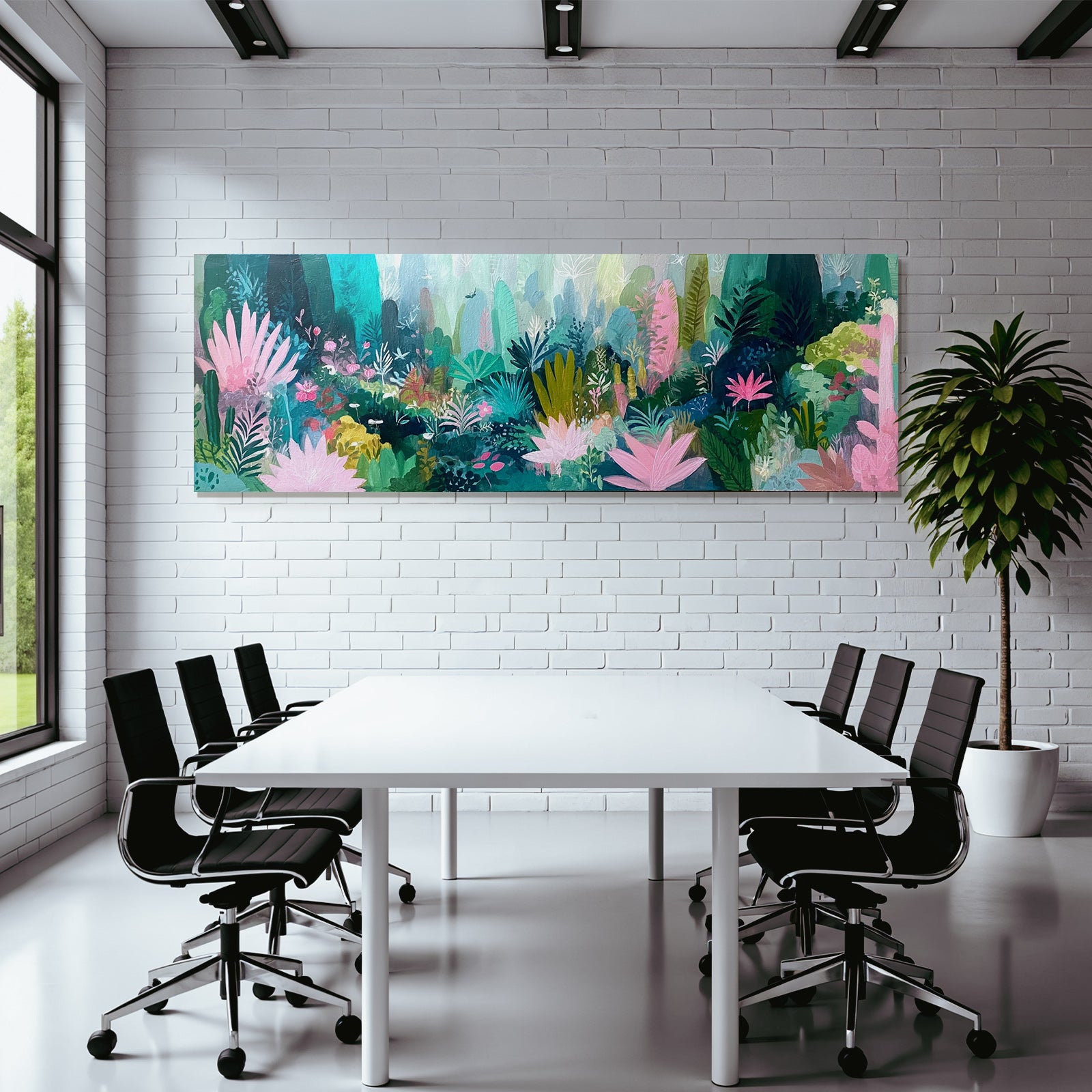 Tropics and jungle colorful abstract illustration of a garden with plants and flowers