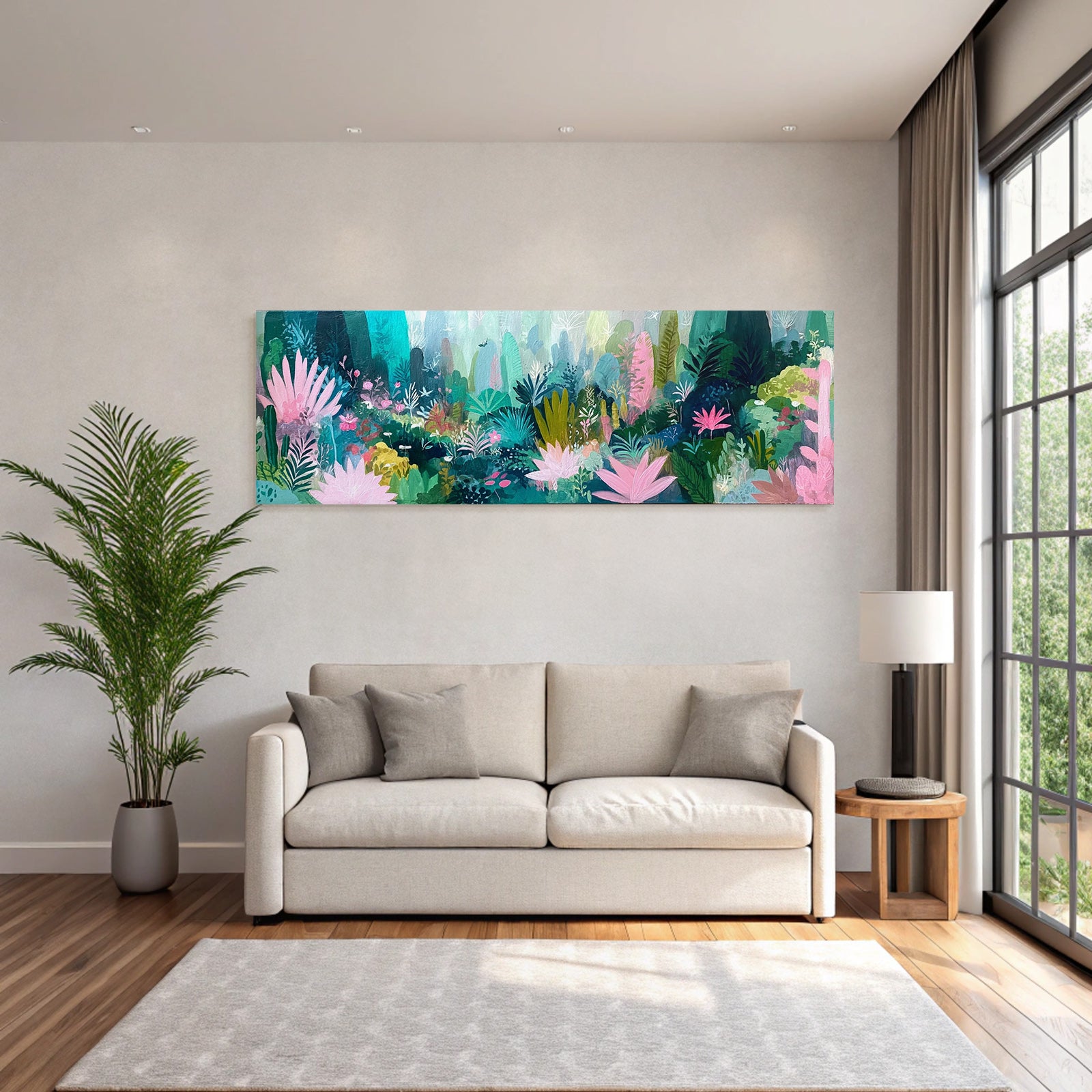 Tropics and jungle colorful abstract illustration of a garden with plants and flowers