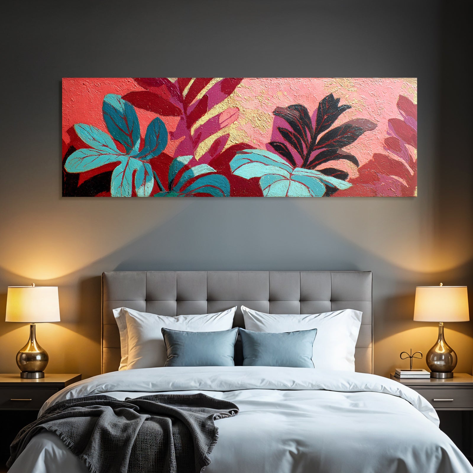 Tropics and jungle colorful leaves on textured background artwork