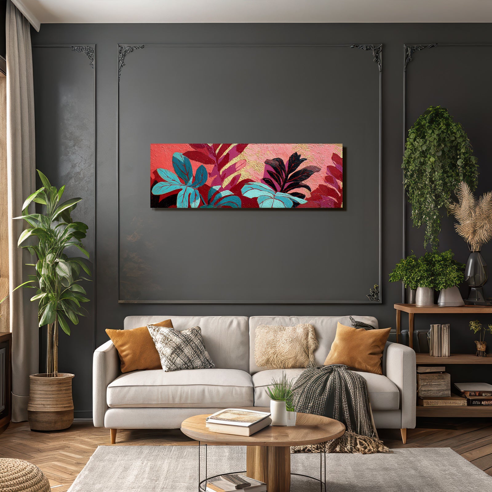 Tropics and jungle colorful leaves on textured background artwork