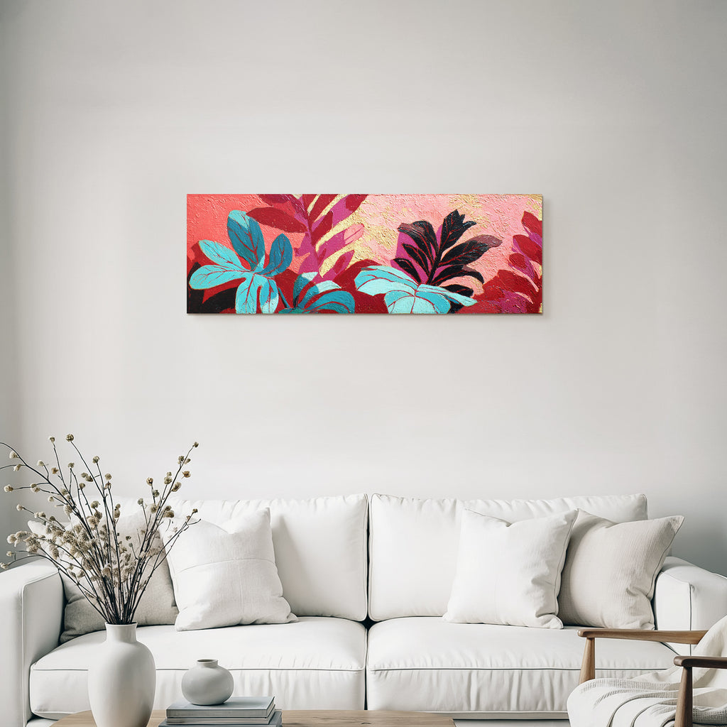 Tropics and jungle colorful leaves on textured background artwork