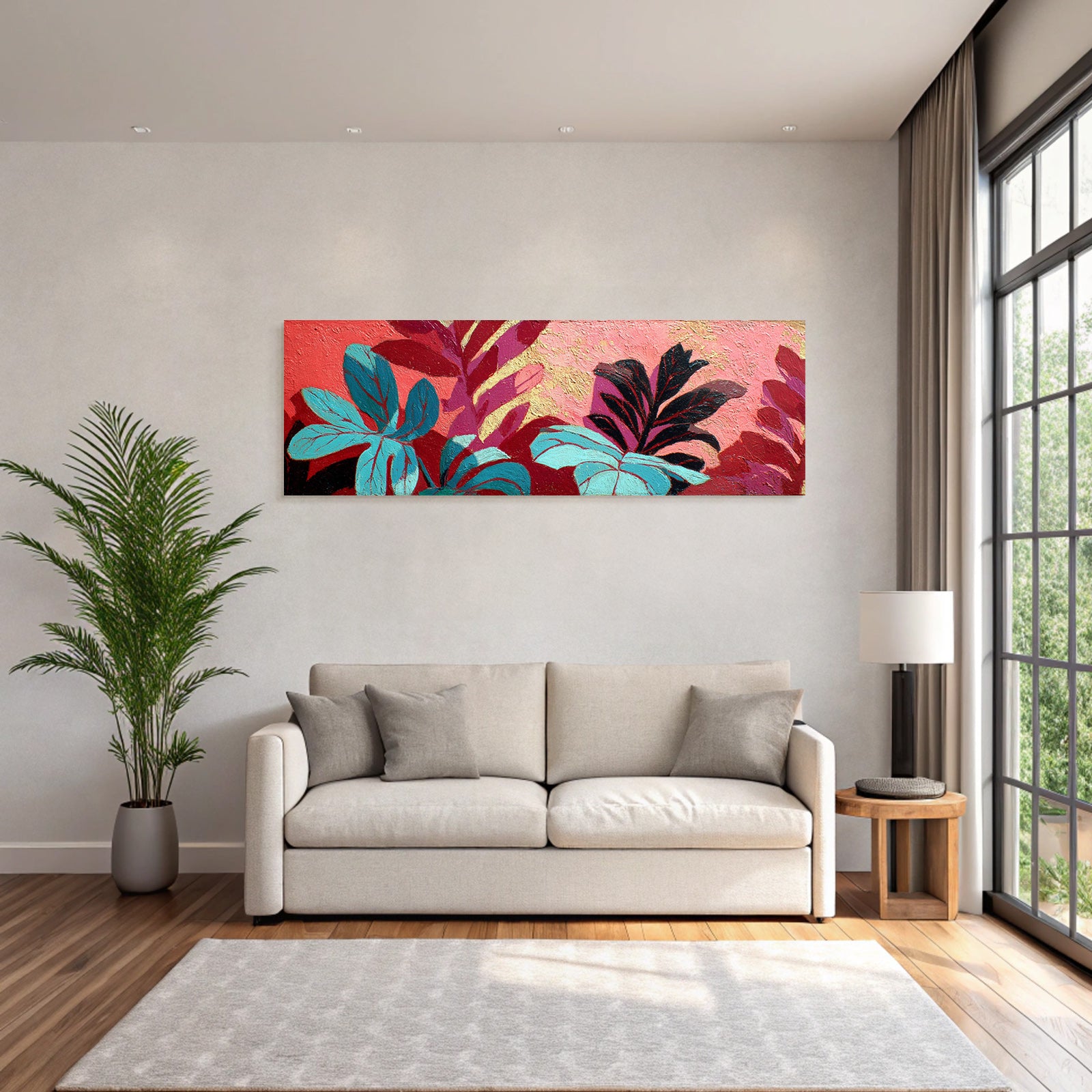 Tropics and jungle colorful leaves on textured background artwork