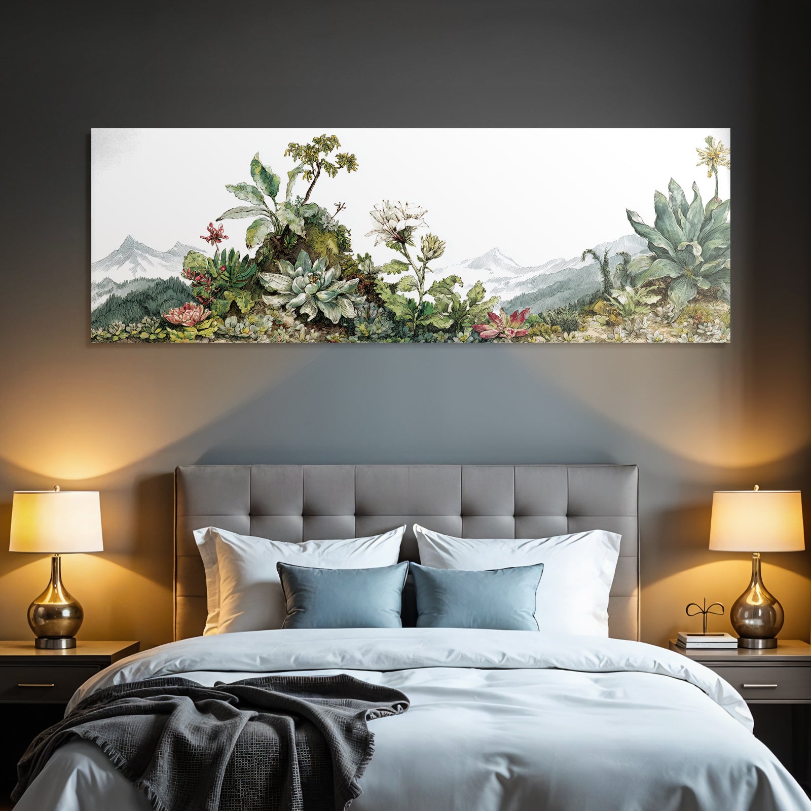 Tropics and jungle colorful plants and succulents in front of mountains botanical design
