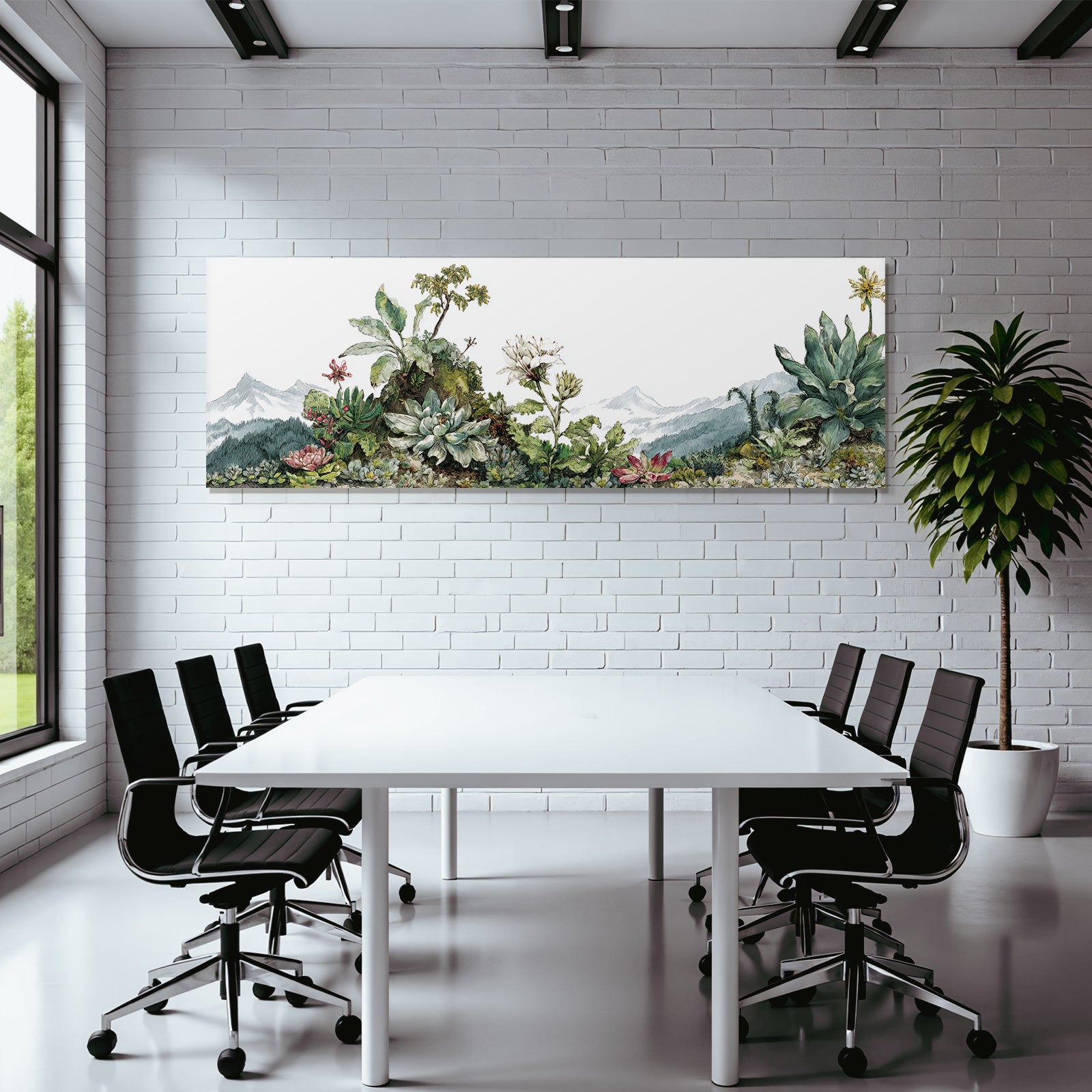 Tropics and jungle colorful plants and succulents in front of mountains botanical design