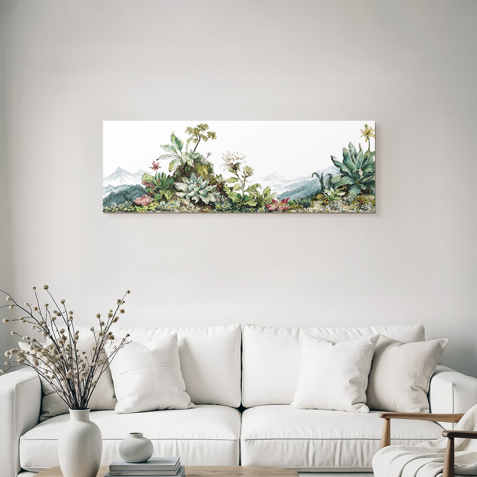 Tropics and jungle colorful plants and succulents in front of mountains botanical design