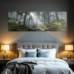 Tropics and jungle. Dense forest scene with tall trees, foil rays and fog.