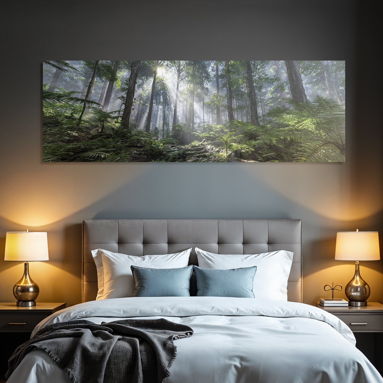 Tropics and jungle. Dense forest scene with tall trees, foil rays and fog.