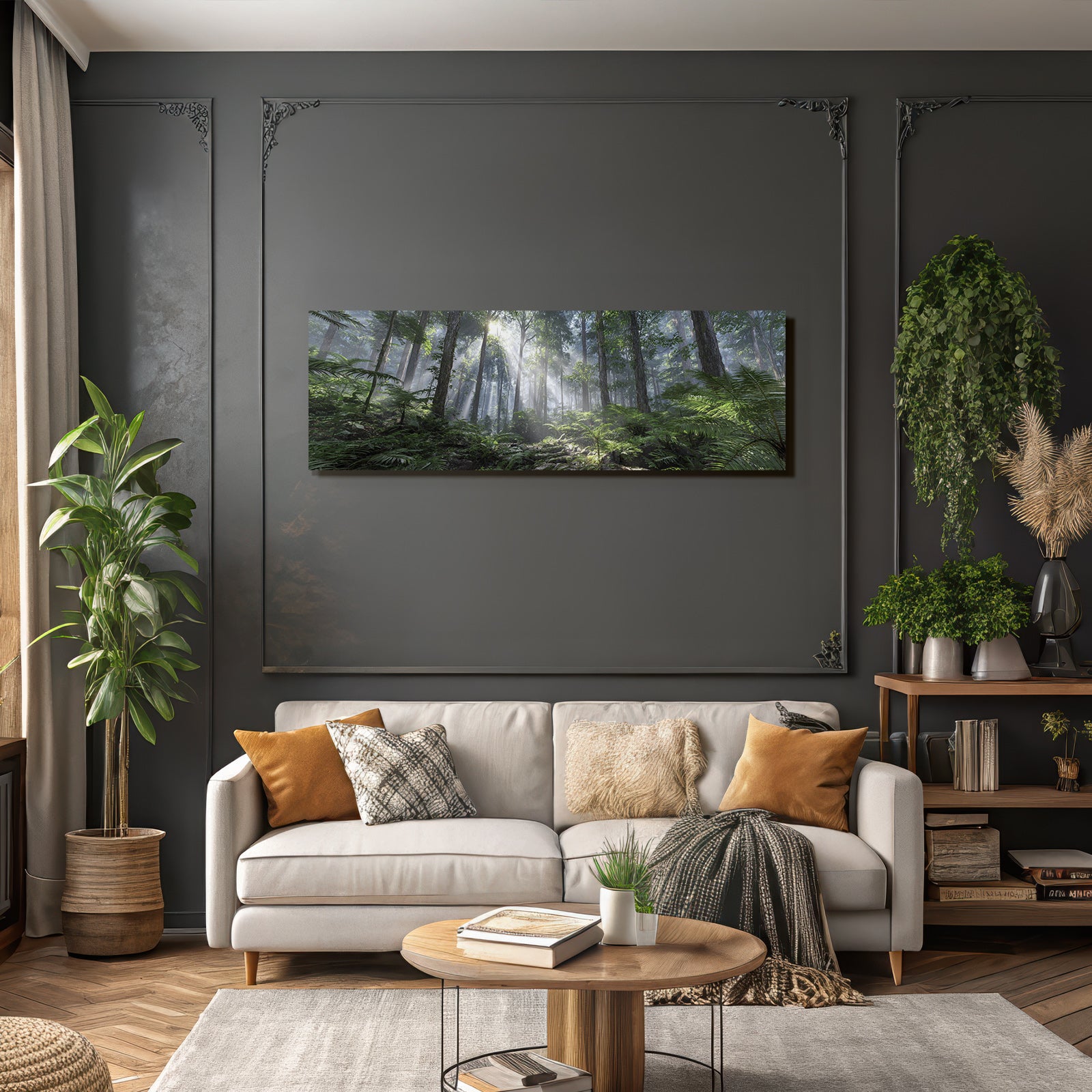 Tropics and jungle. Dense forest scene with tall trees, foil rays and fog.