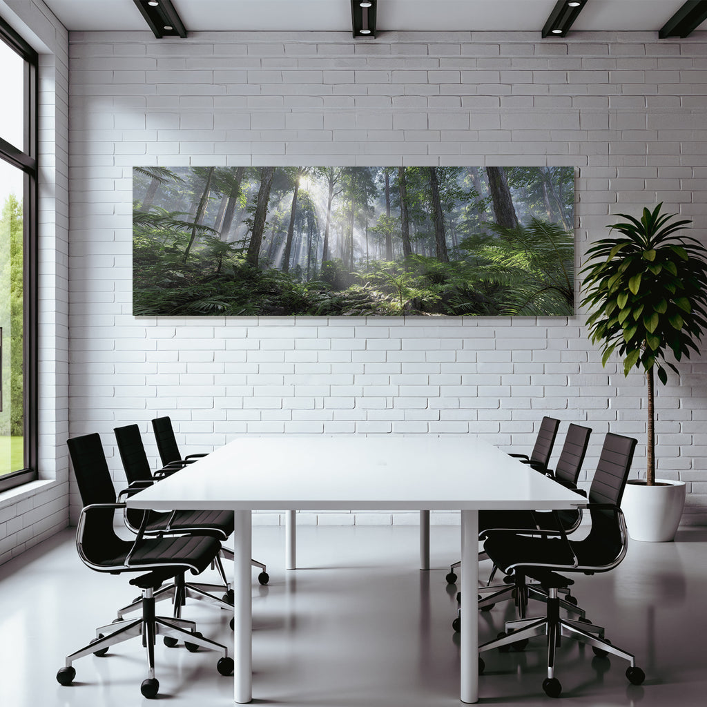 Tropics and jungle. Dense forest scene with tall trees, foil rays and fog.