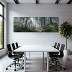 Tropics and jungle. Dense forest scene with tall trees, foil rays and fog.