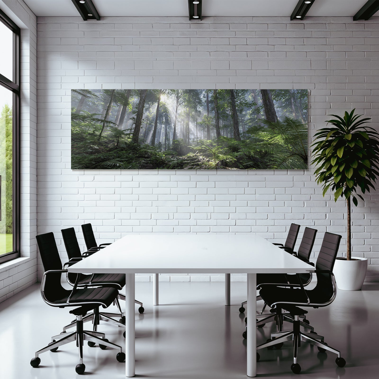 Tropics and jungle. Dense forest scene with tall trees, foil rays and fog.
