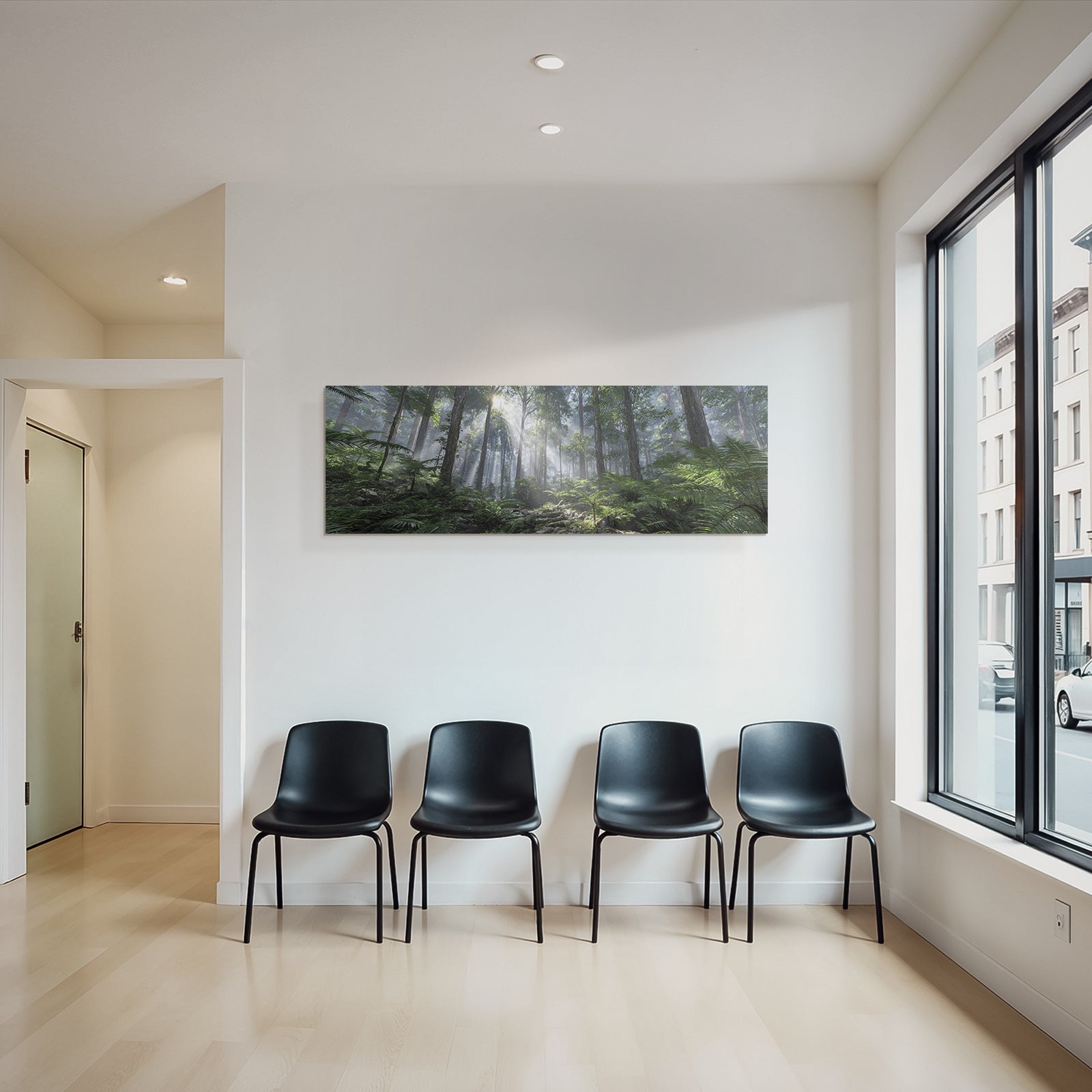 Tropics and jungle. Dense forest scene with tall trees, foil rays and fog.