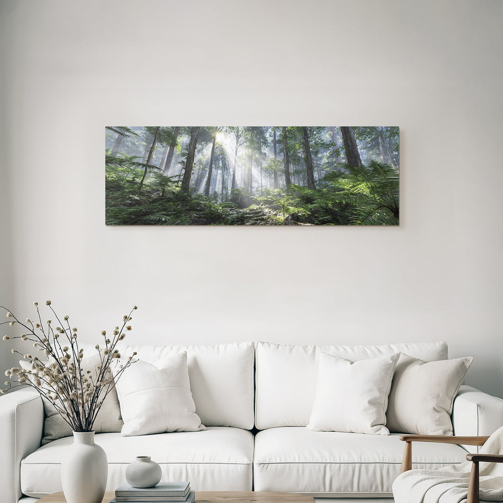 Tropics and jungle. Dense forest scene with tall trees, foil rays and fog.