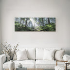 Tropics and jungle. Dense forest scene with tall trees, foil rays and fog.