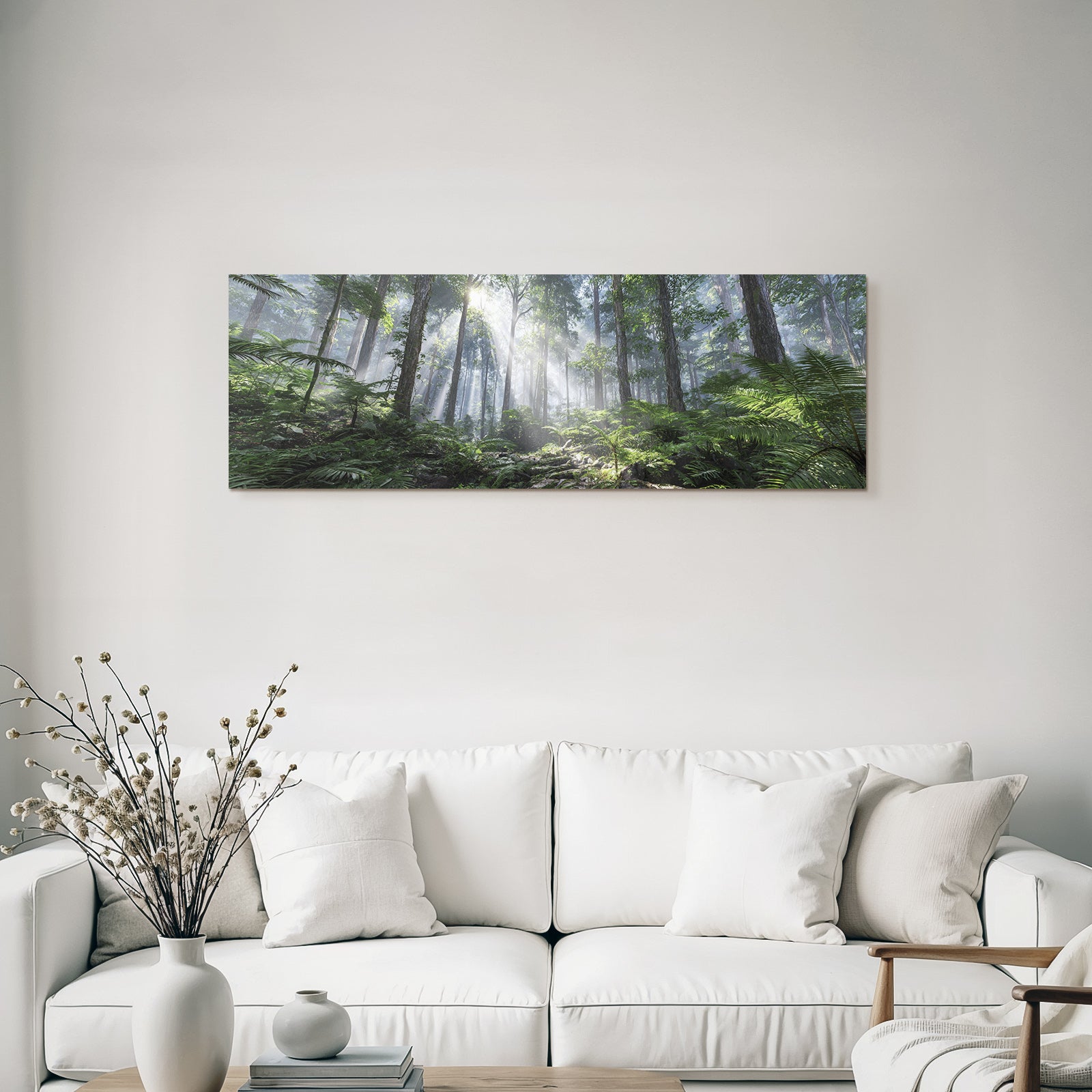 Tropics and jungle. Dense forest scene with tall trees, foil rays and fog.