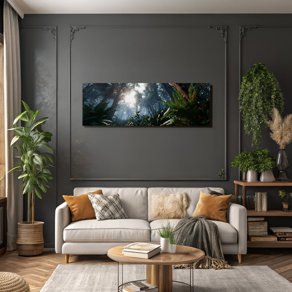 Tropics and jungle Dense jungle with ferns Sunshine Fog Mystical atmosphere