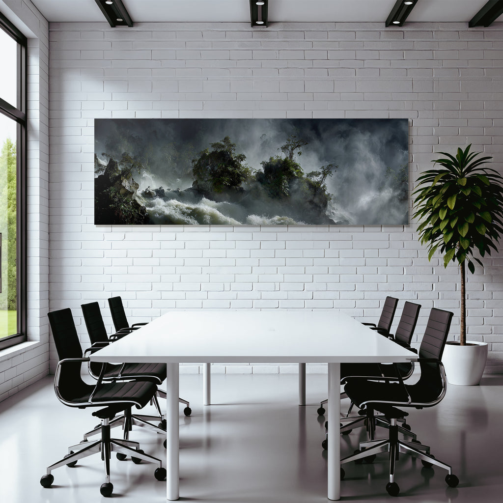 Tropical and jungle dramatic landscape with waterfall surrounded by green plants and mist