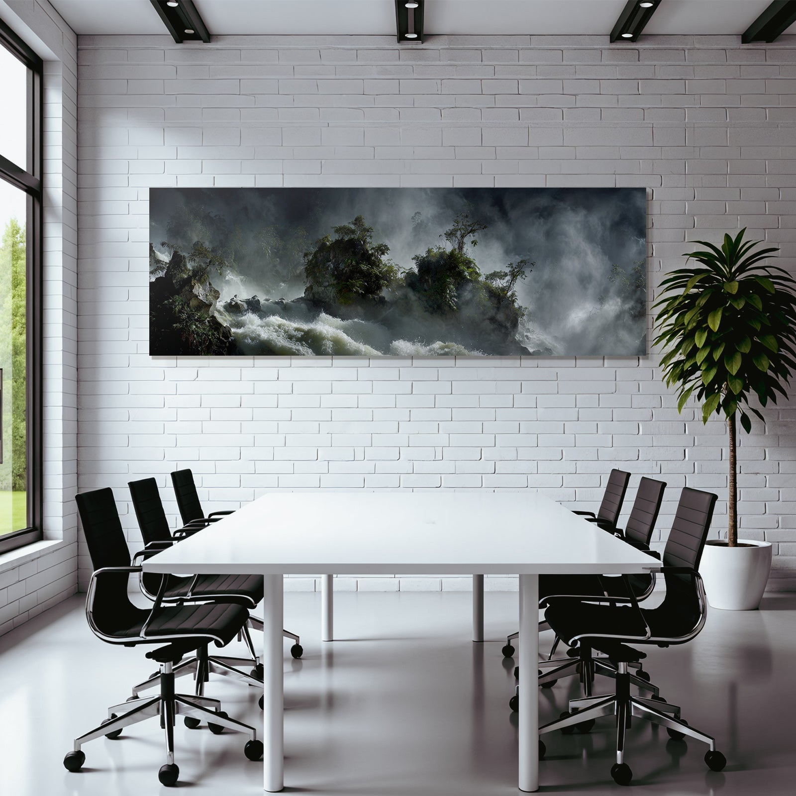 Tropical and jungle dramatic landscape with waterfall surrounded by green plants and mist