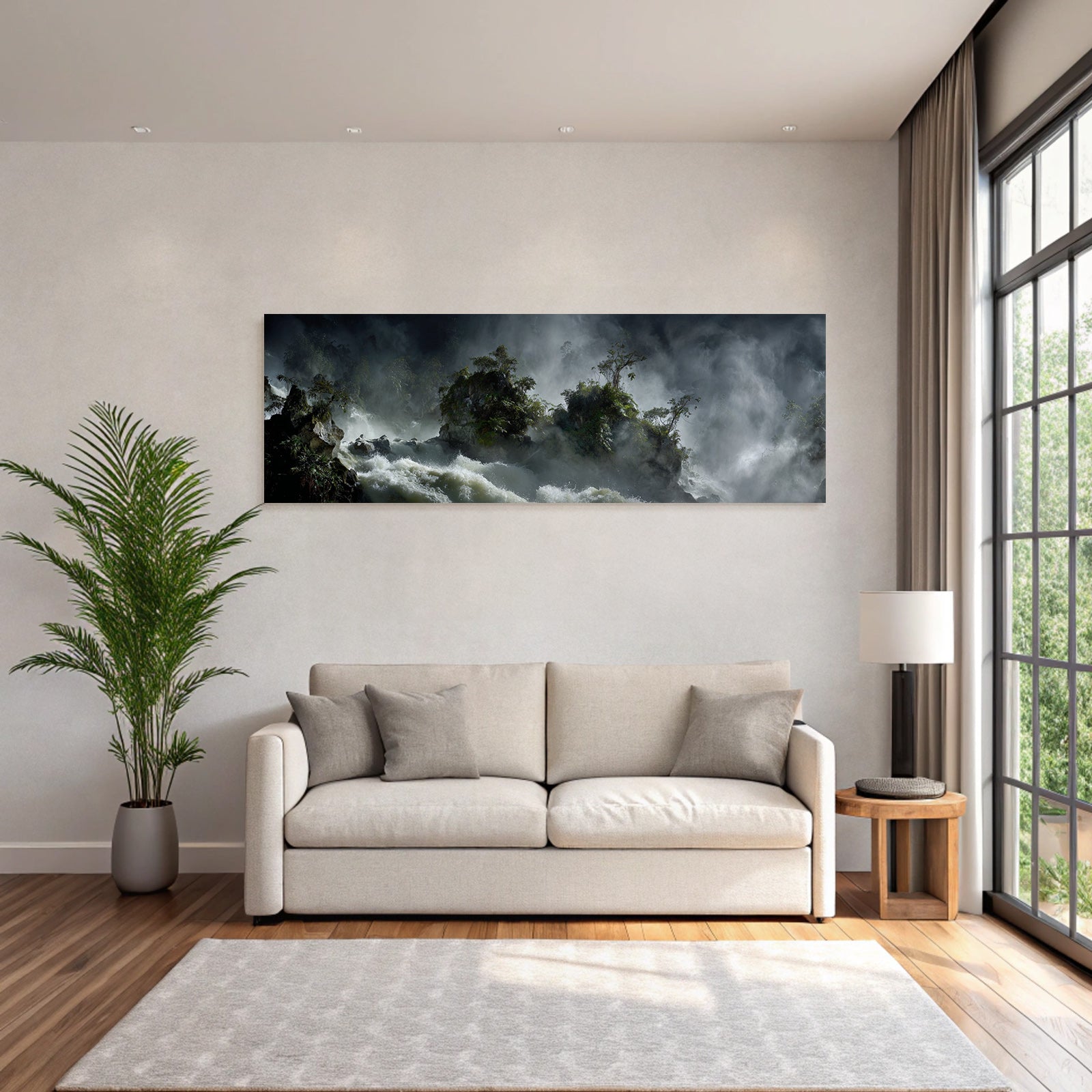 Tropical and jungle dramatic landscape with waterfall surrounded by green plants and mist