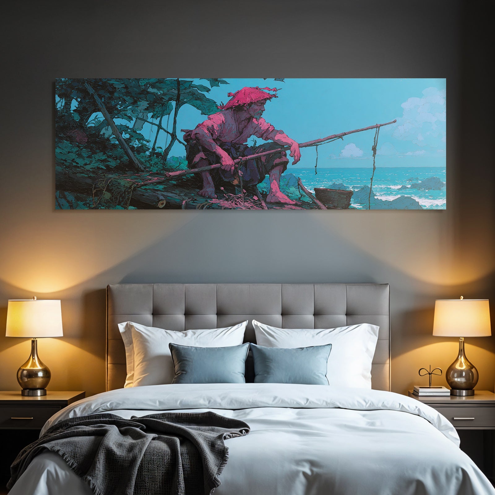 Tropics and Jungle Fishermen on the Rocky Shore Surrounded by Green Vegetation