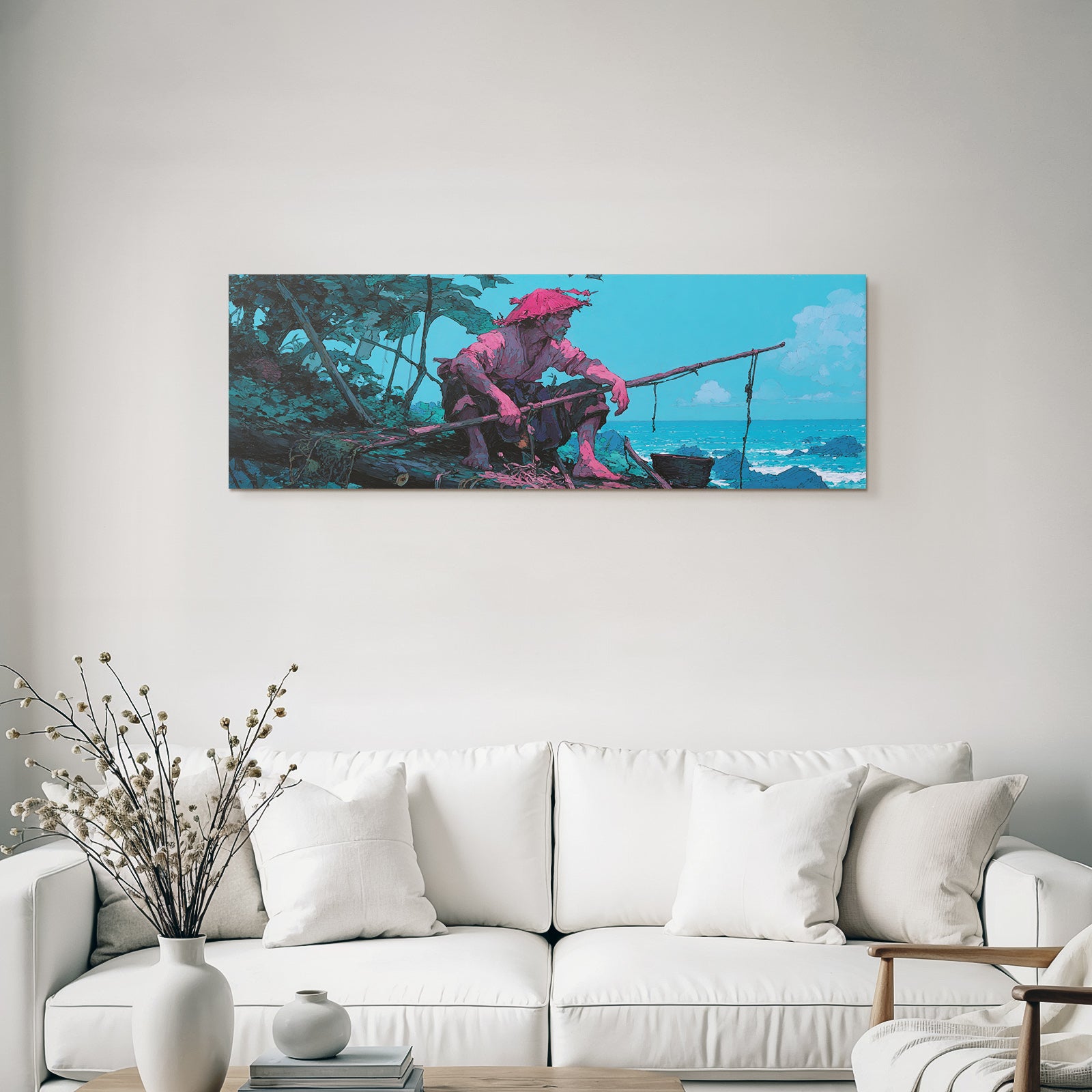 Tropics and Jungle Fishermen on the Rocky Shore Surrounded by Green Vegetation