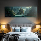 Tropical and jungle peaceful mountain landscape with water in the foreground