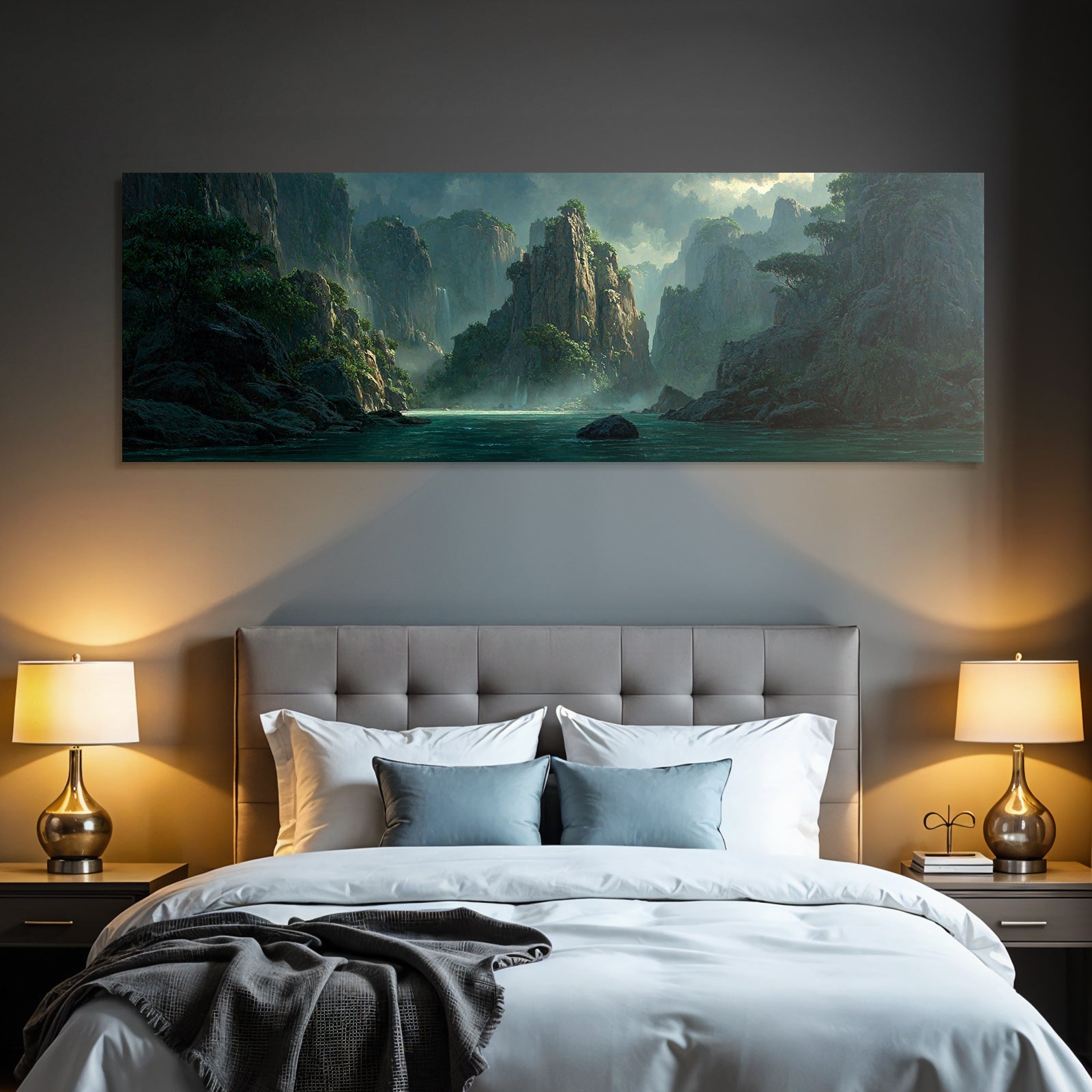 Tropical and jungle peaceful mountain landscape with water in the foreground