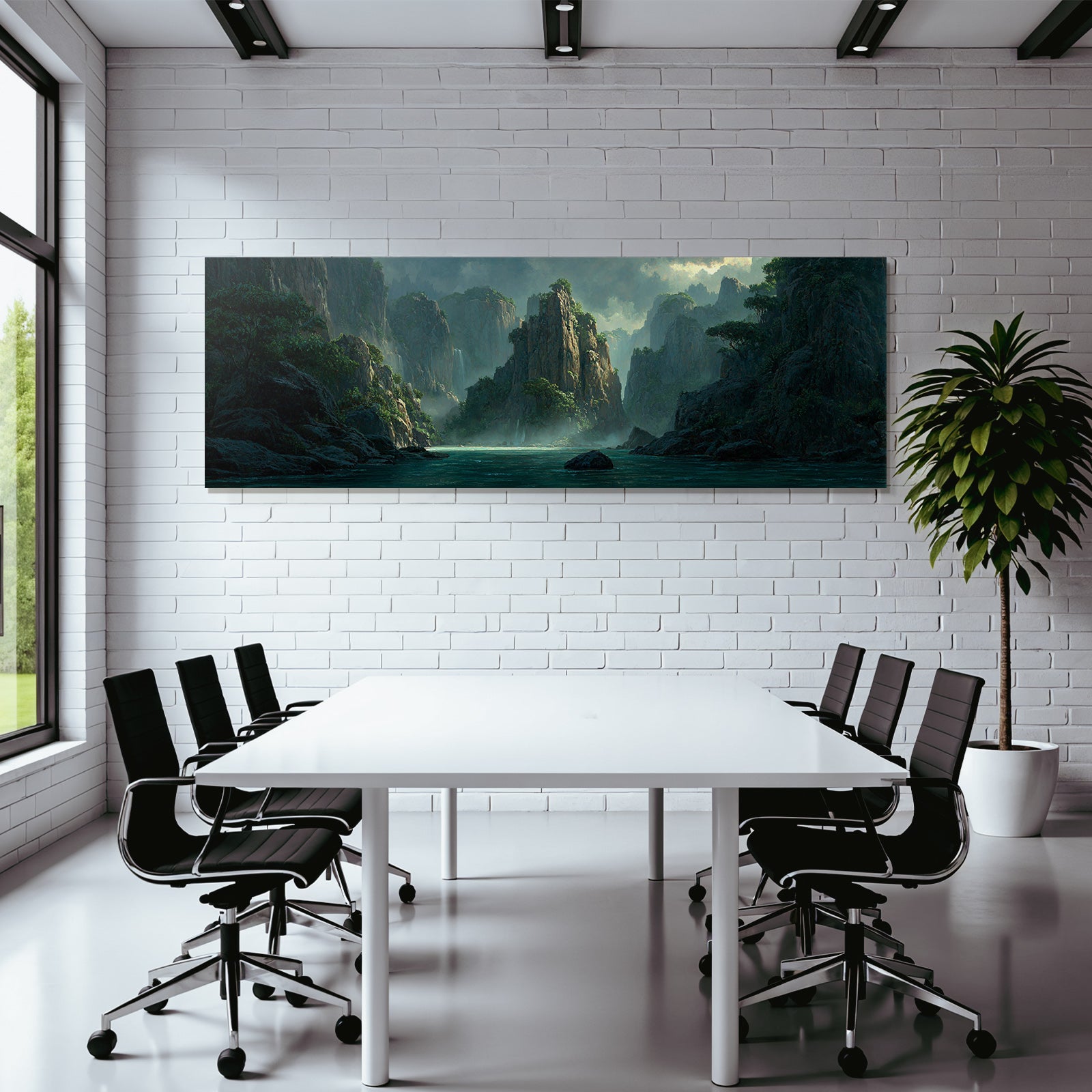 Tropical and jungle peaceful mountain landscape with water in the foreground