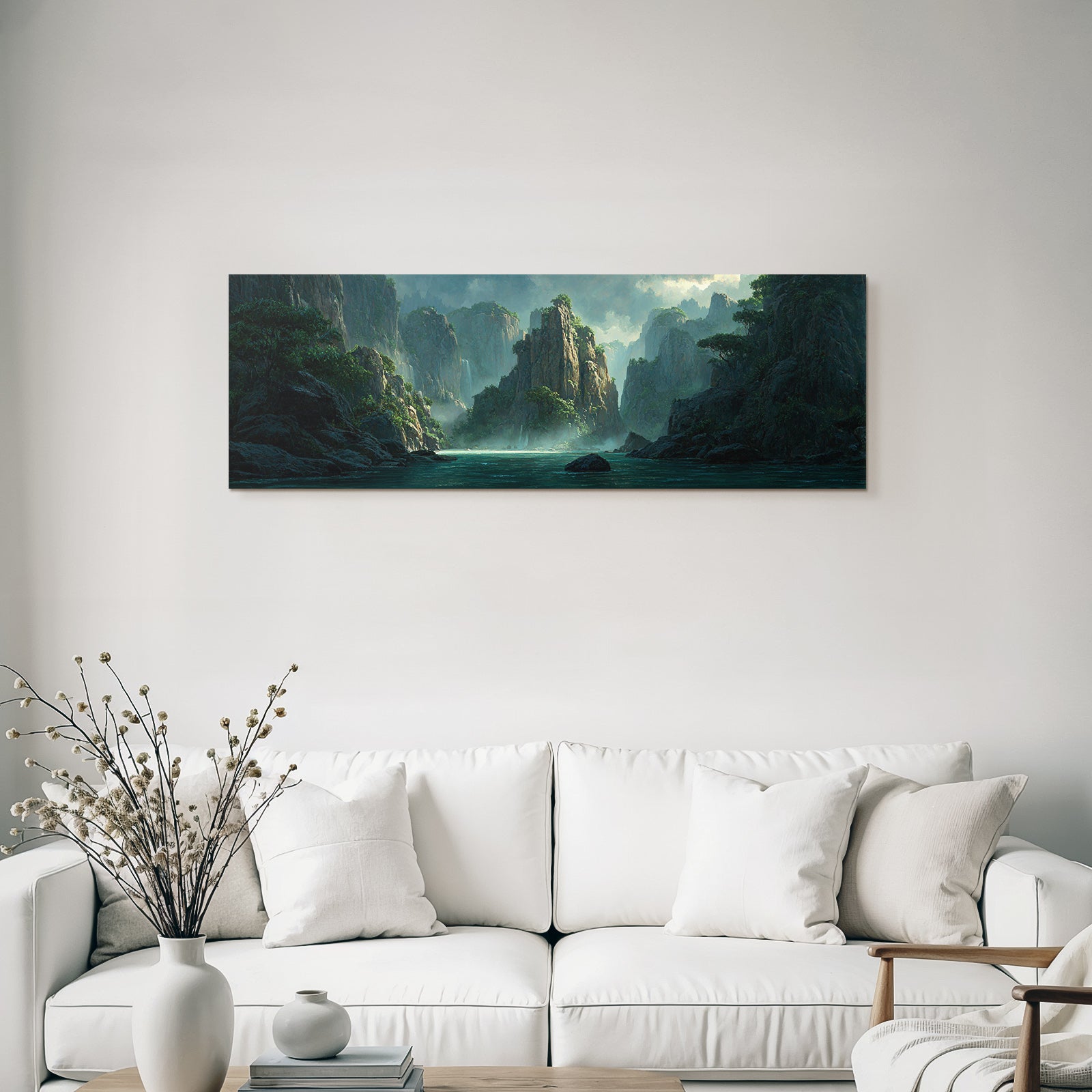 Tropical and jungle peaceful mountain landscape with water in the foreground