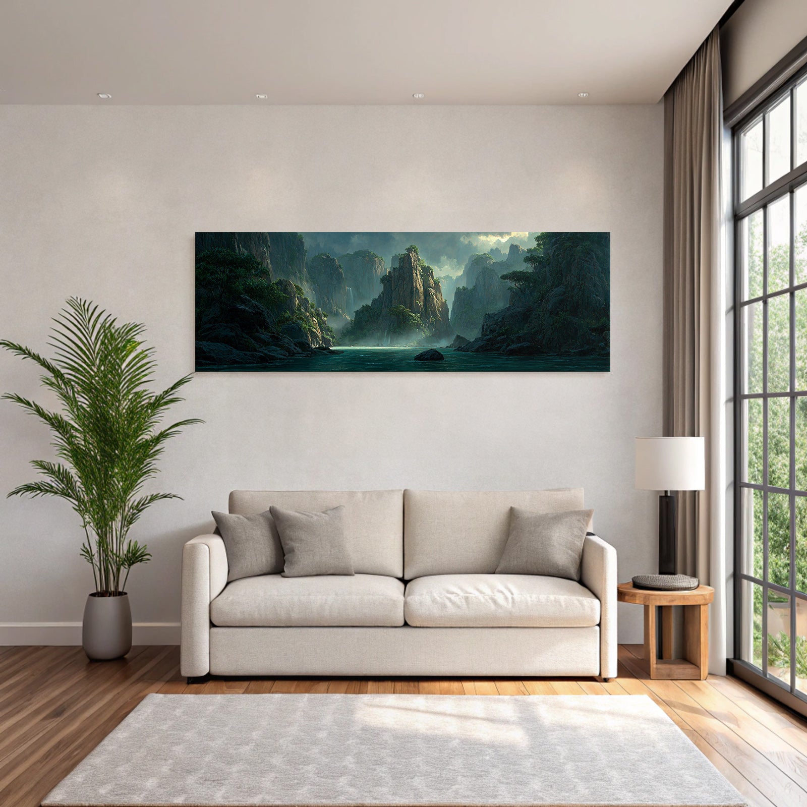 Tropical and jungle peaceful mountain landscape with water in the foreground