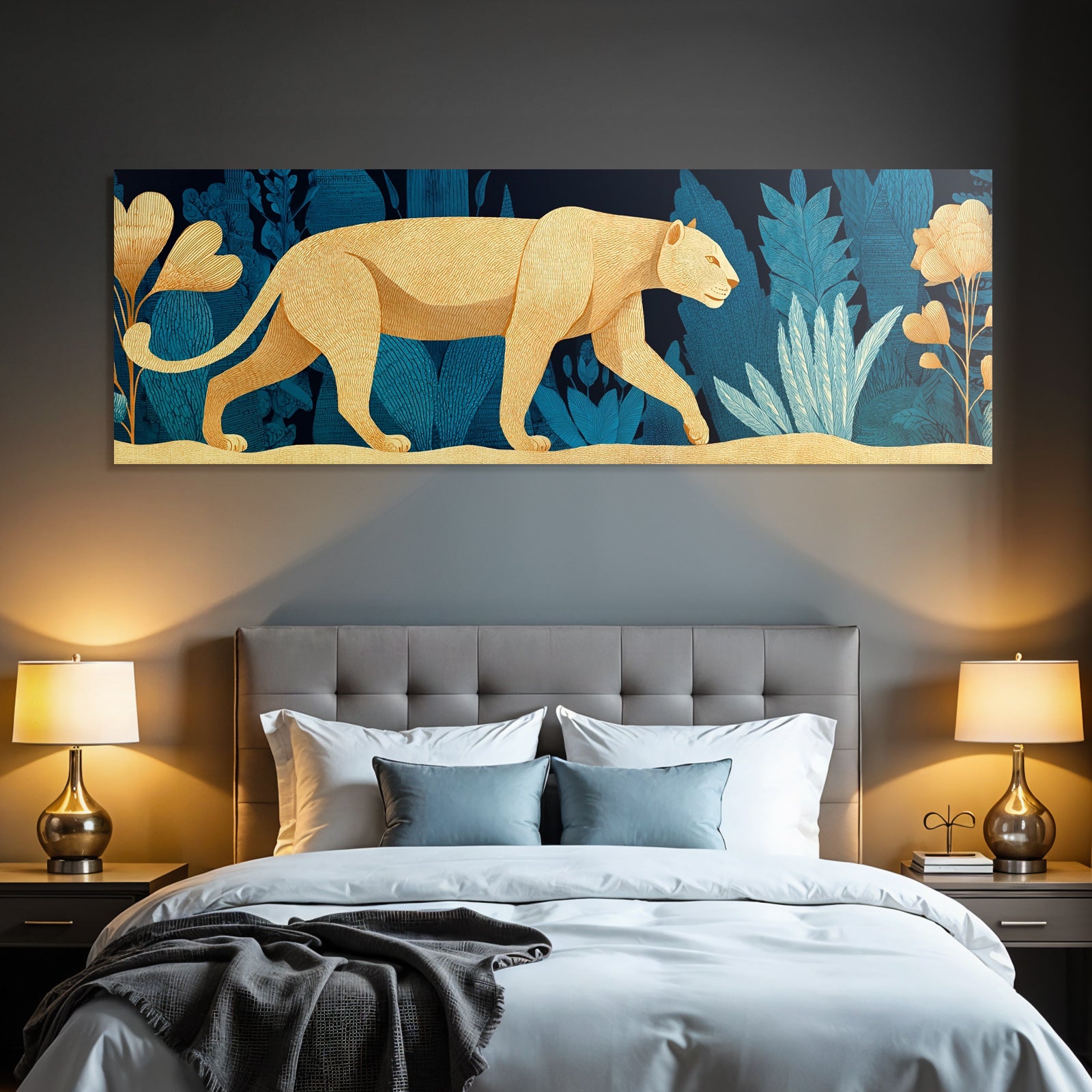 Tropics and jungle large felid in flower background stylized illustration