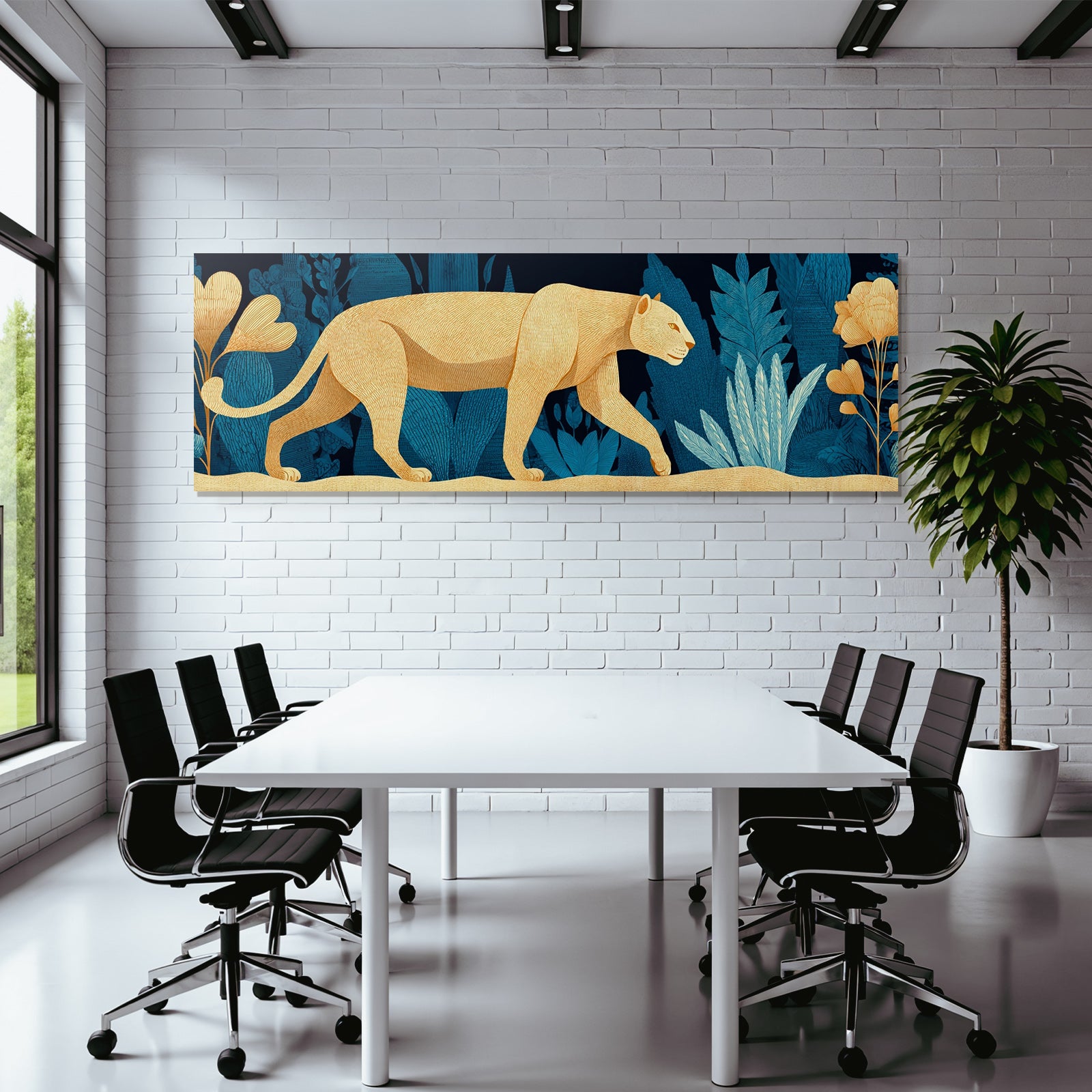 Tropics and jungle large felid in flower background stylized illustration