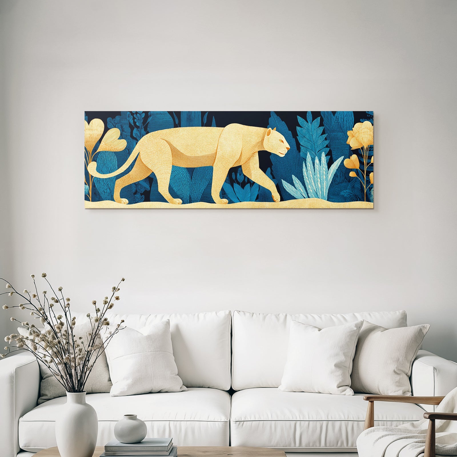Tropics and jungle large felid in flower background stylized illustration