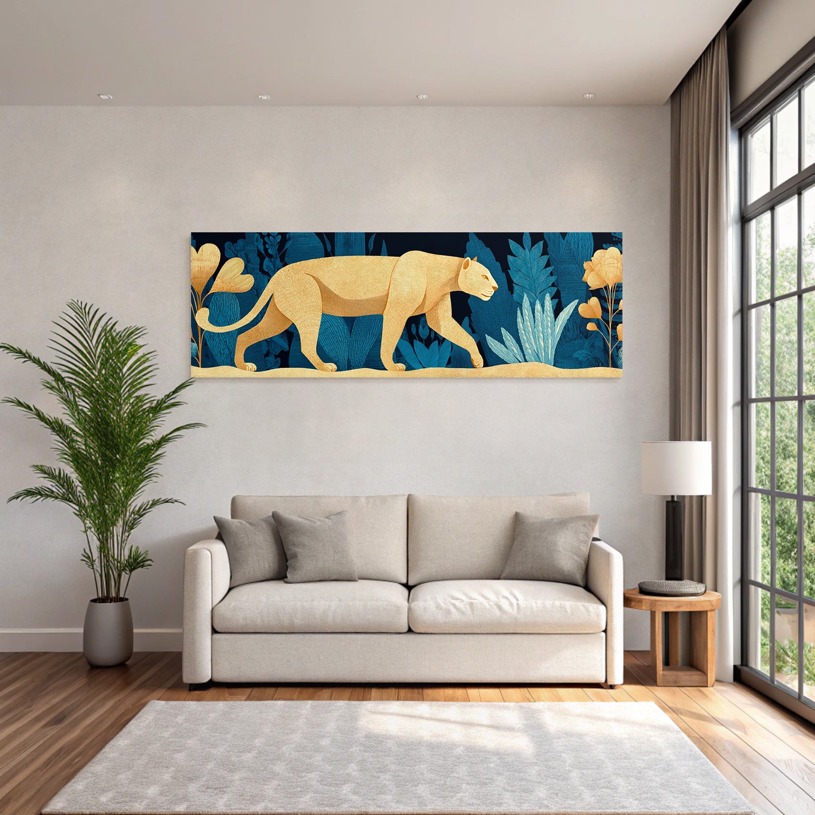 Tropics and jungle large felid in flower background stylized illustration