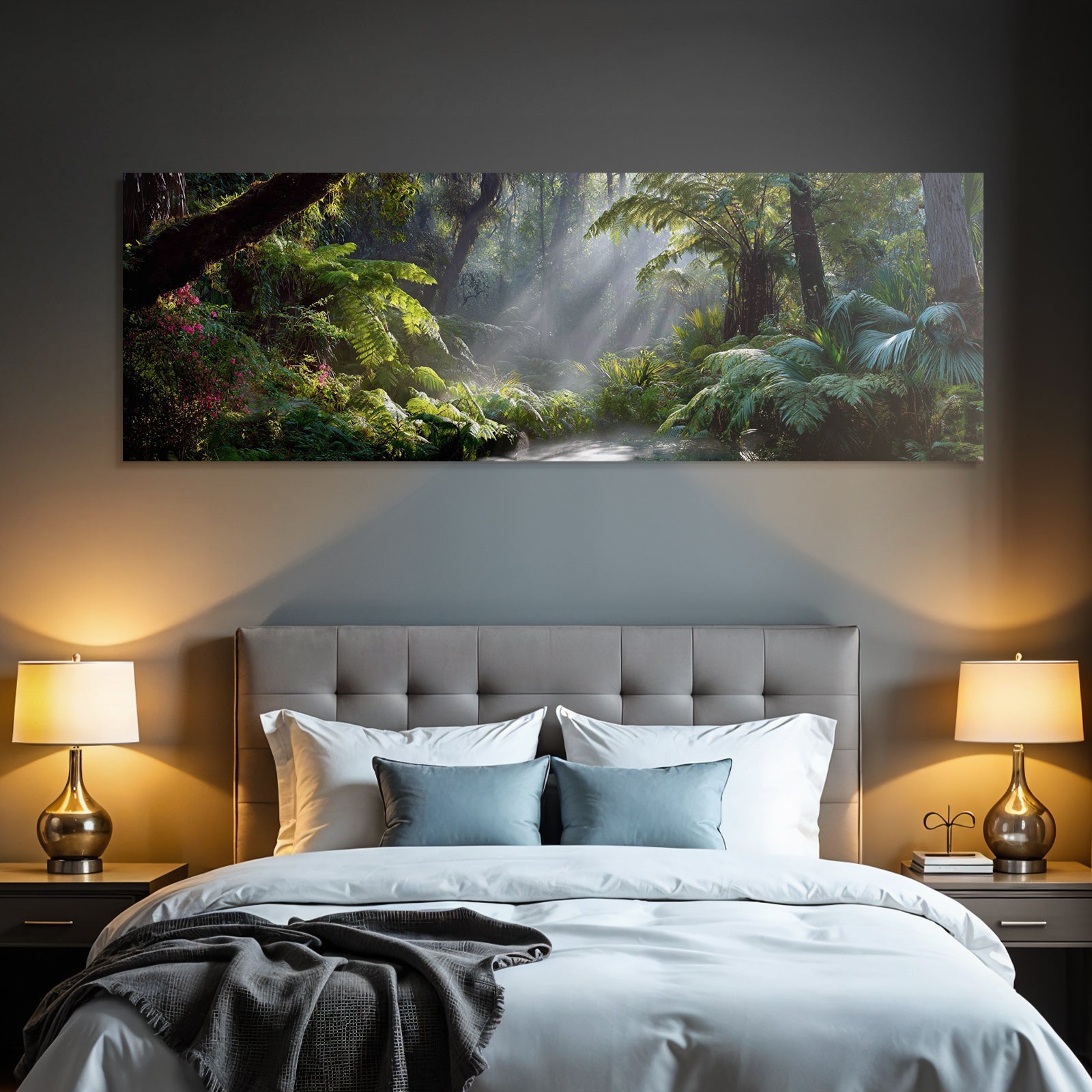 Tropics and jungle green balanced forest scene with luxurious foils and sun rays