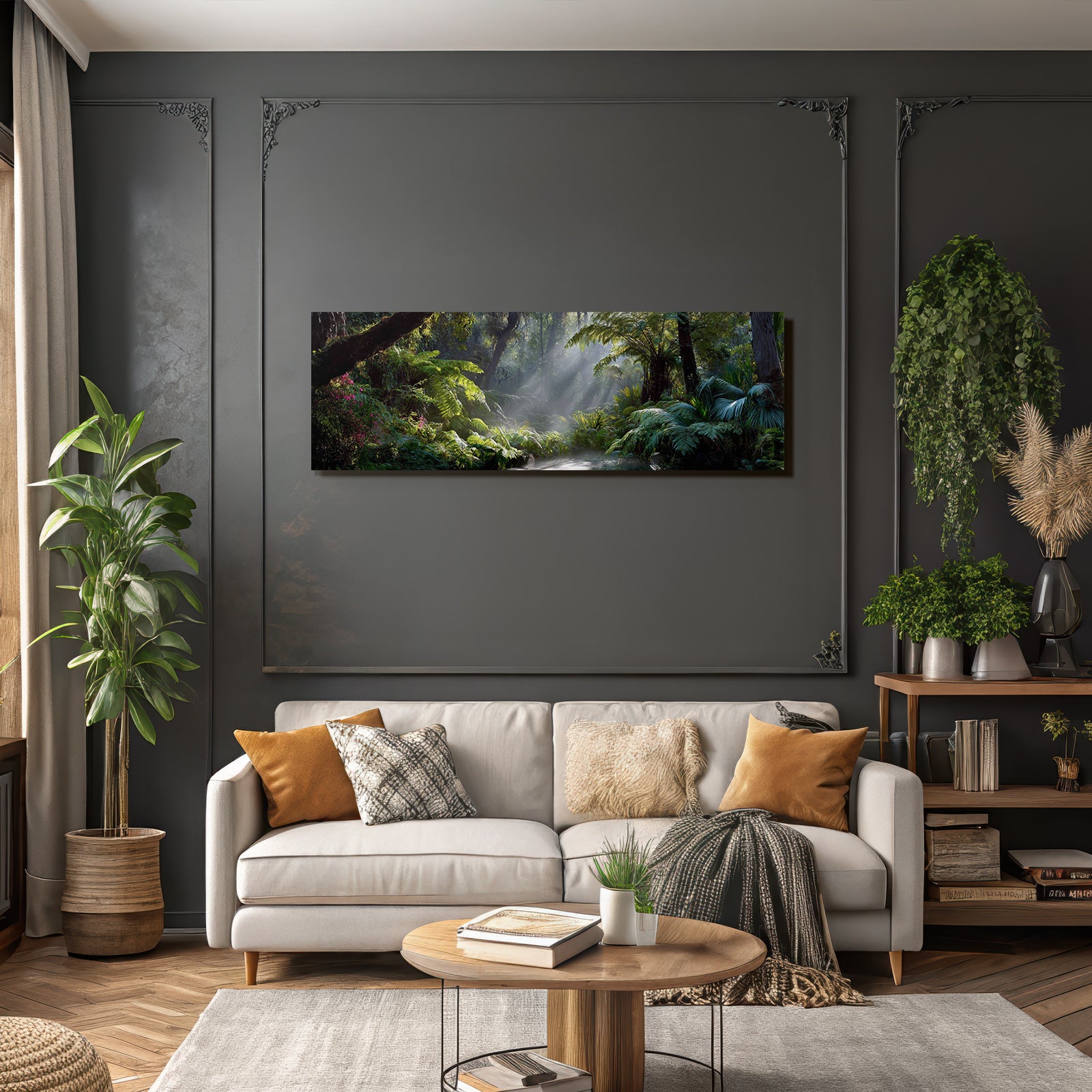 Tropics and jungle green balanced forest scene with luxurious foils and sun rays