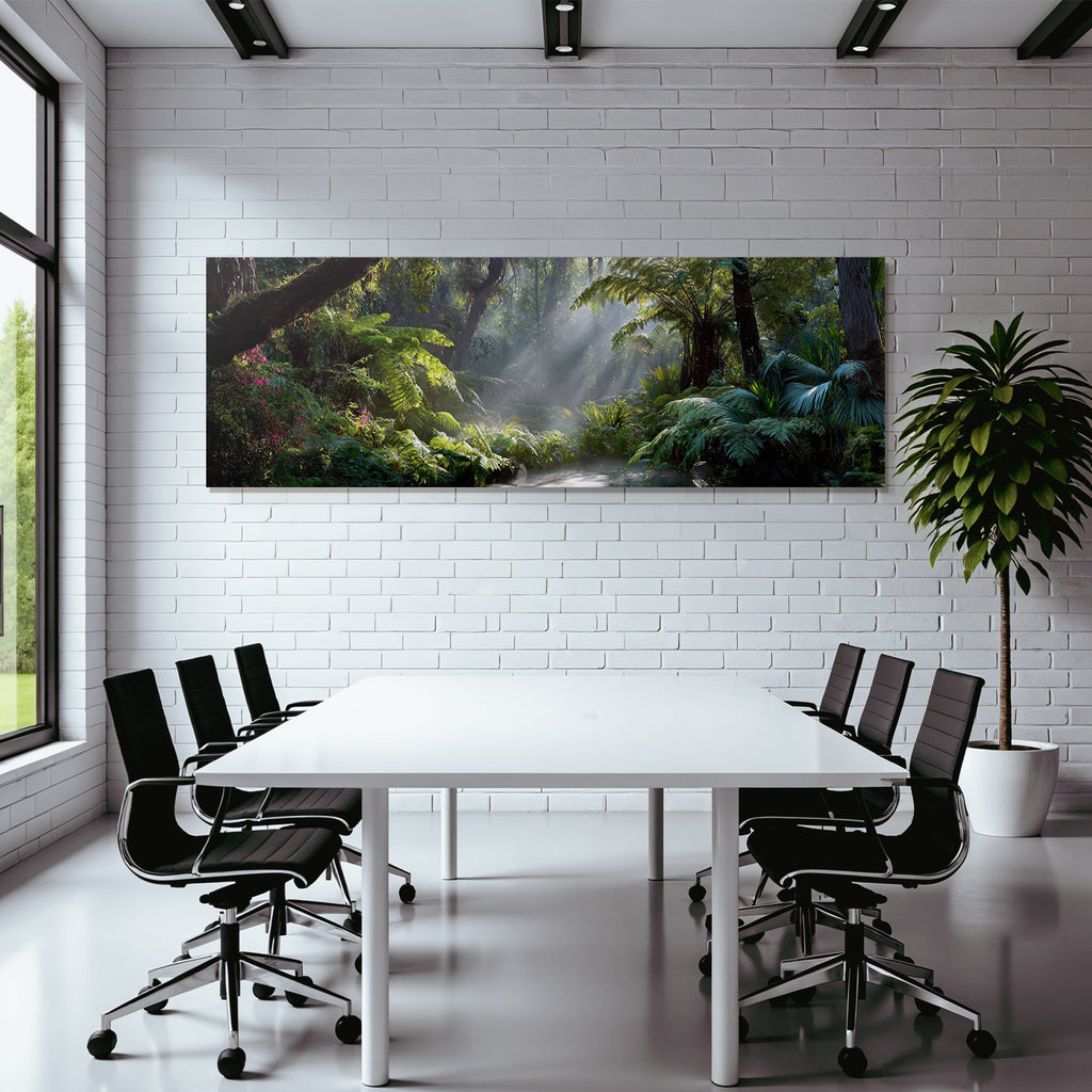 Tropics and jungle green balanced forest scene with luxurious foils and sun rays