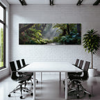 Tropics and jungle green balanced forest scene with luxurious foils and sun rays