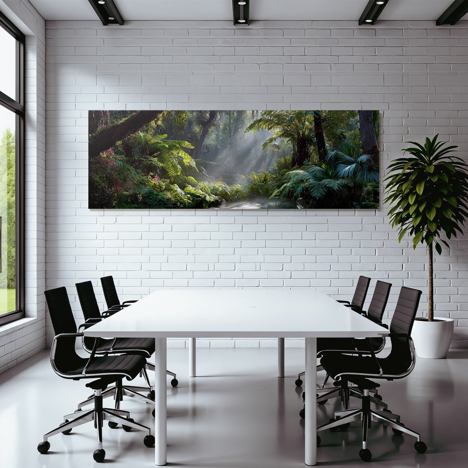 Tropics and jungle green balanced forest scene with luxurious foils and sun rays