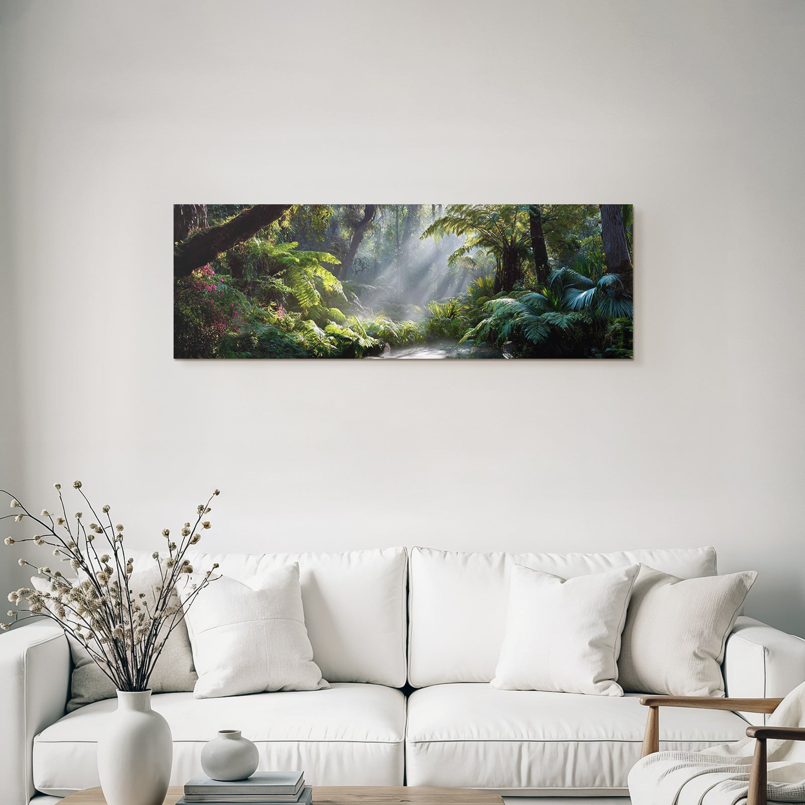 Tropics and jungle green balanced forest scene with luxurious foils and sun rays
