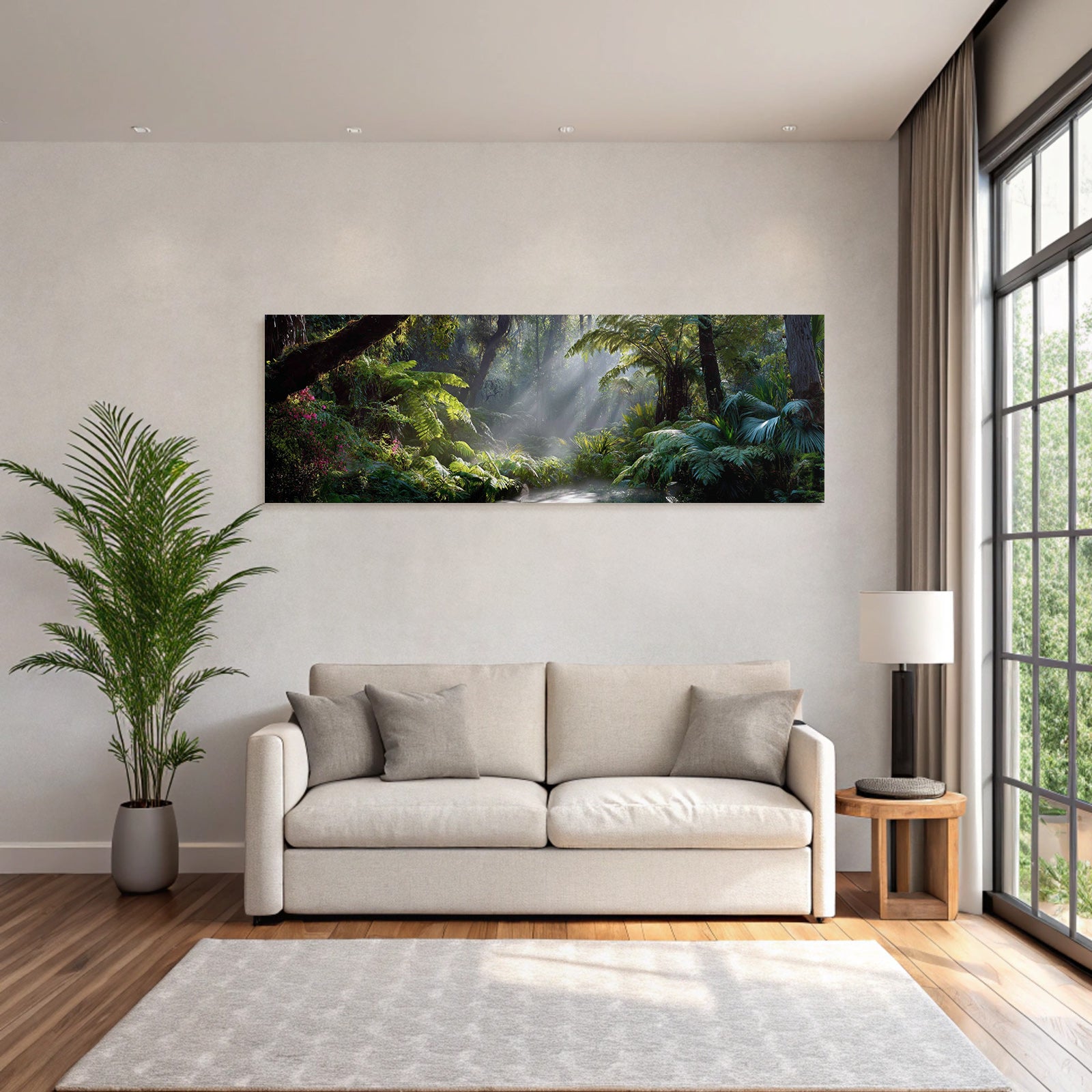 Tropics and jungle green balanced forest scene with luxurious foils and sun rays