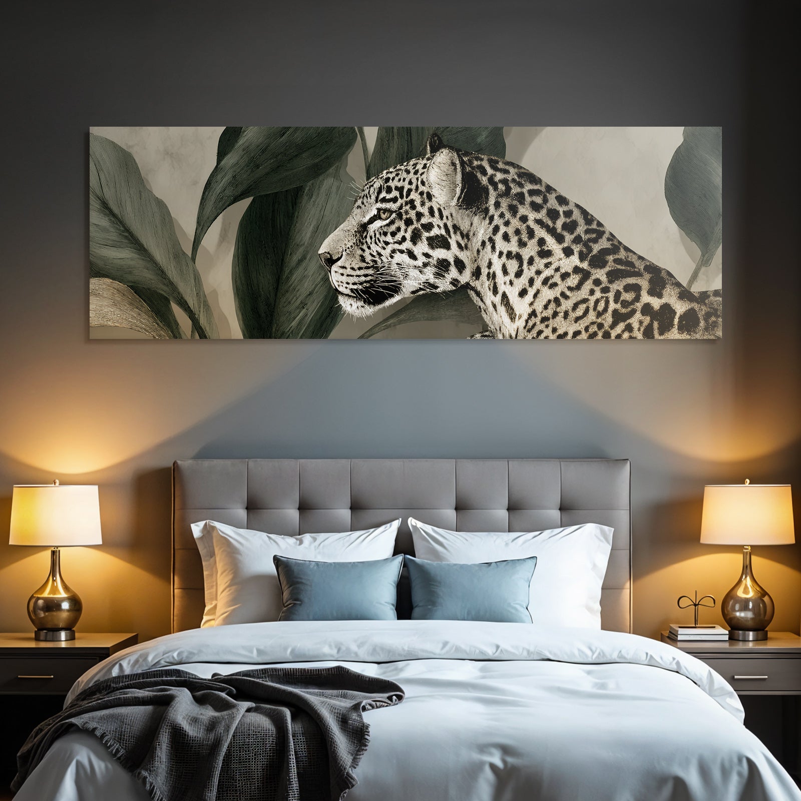 Tropics and Jungle Leopard Head with Leaves Monochrome Artwork
