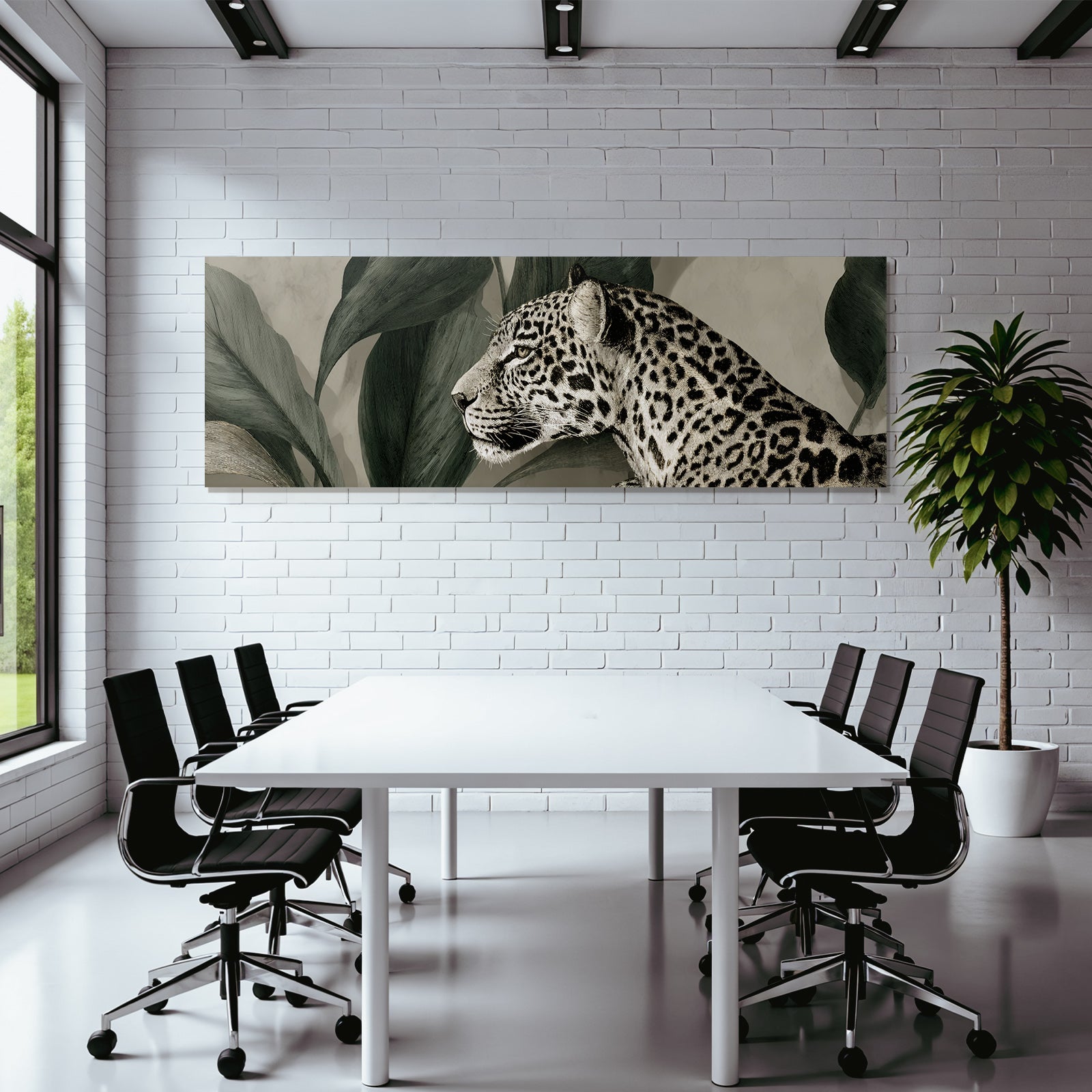 Tropics and Jungle Leopard Head with Leaves Monochrome Artwork