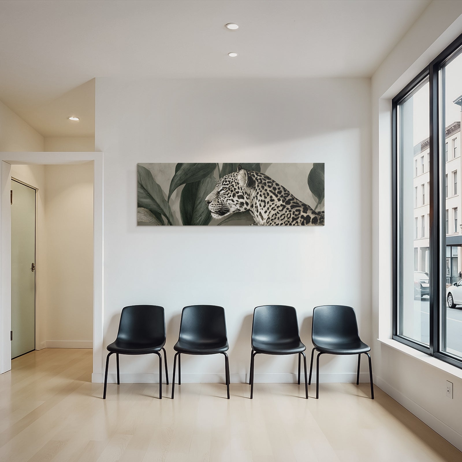 Tropics and Jungle Leopard Head with Leaves Monochrome Artwork