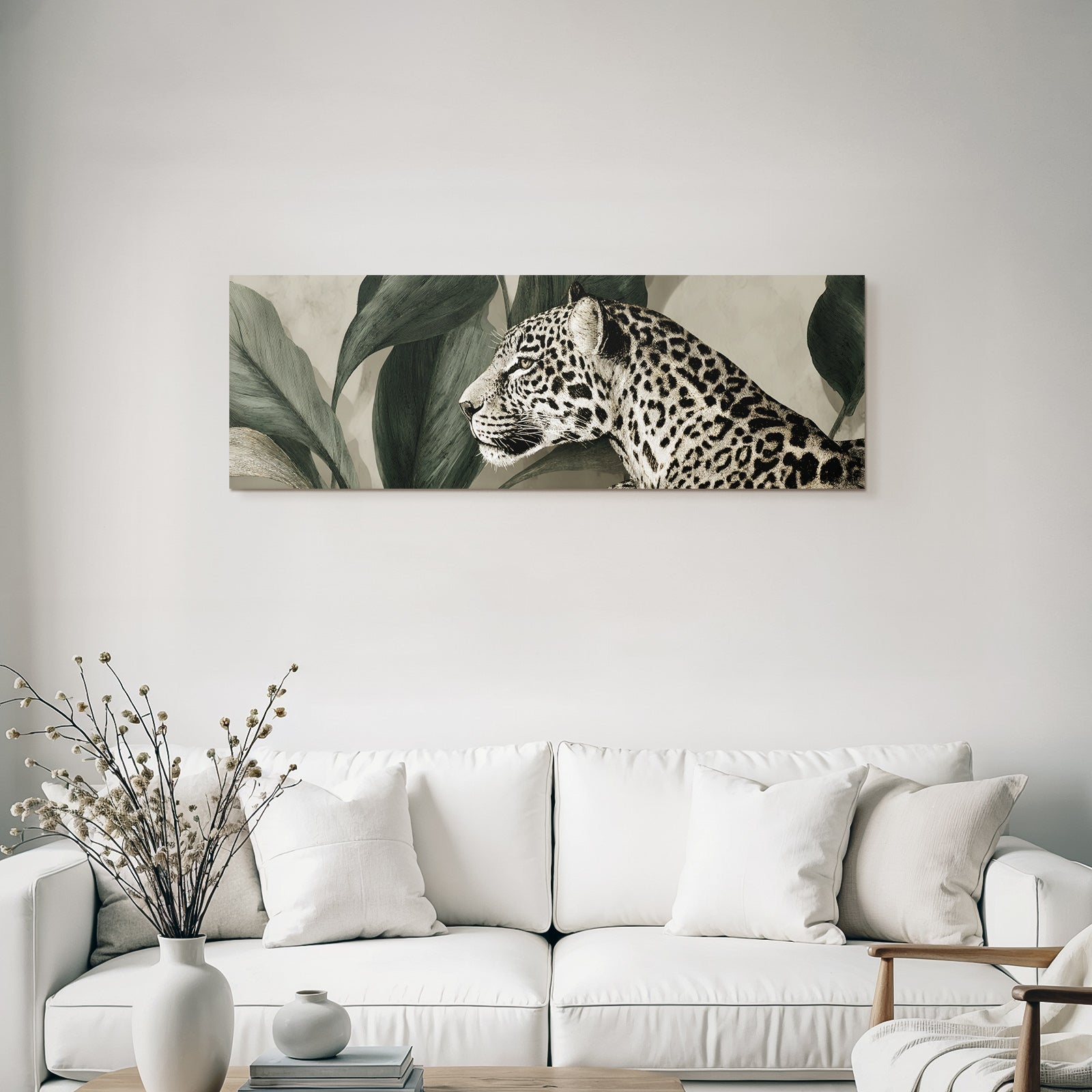 Tropics and Jungle Leopard Head with Leaves Monochrome Artwork