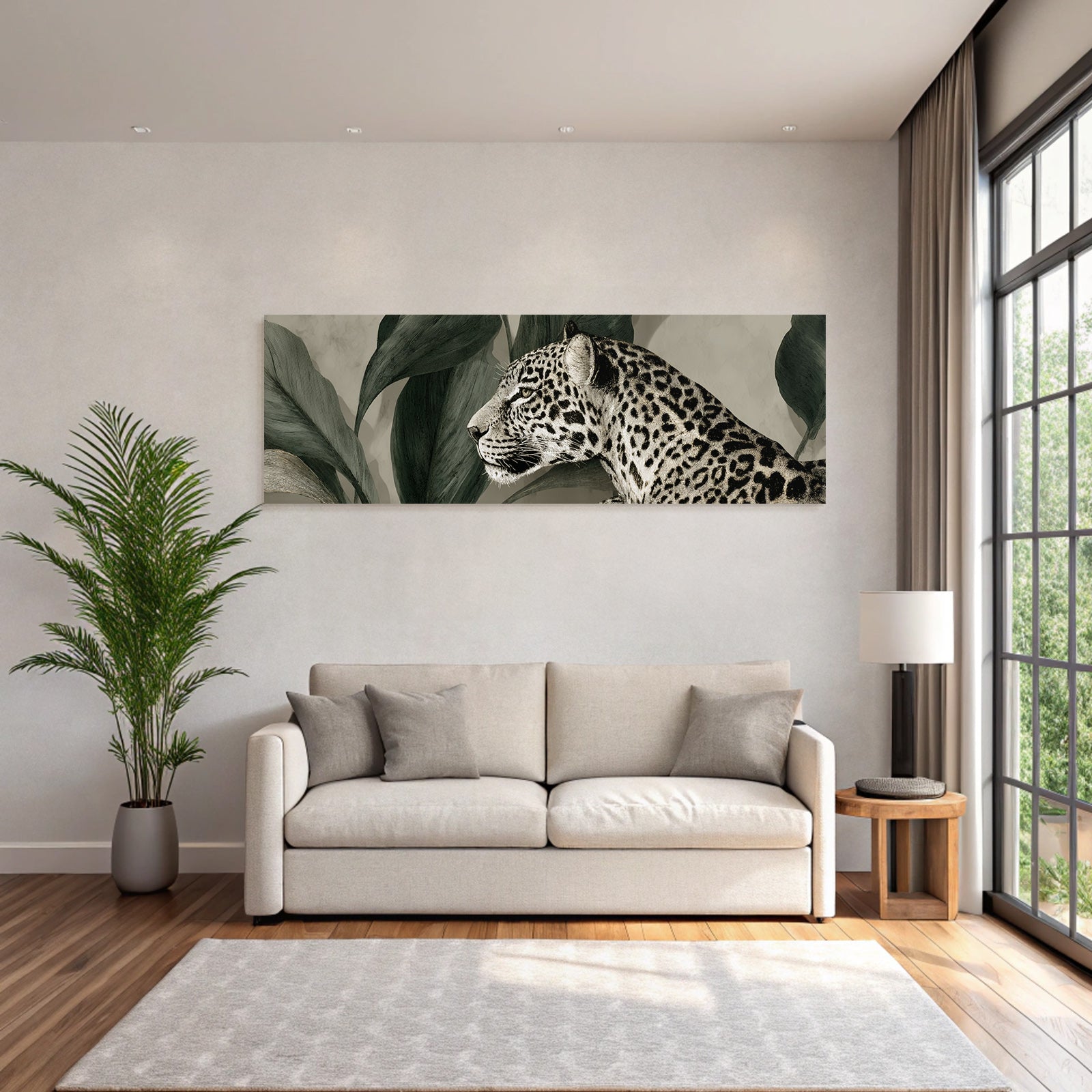 Tropics and Jungle Leopard Head with Leaves Monochrome Artwork
