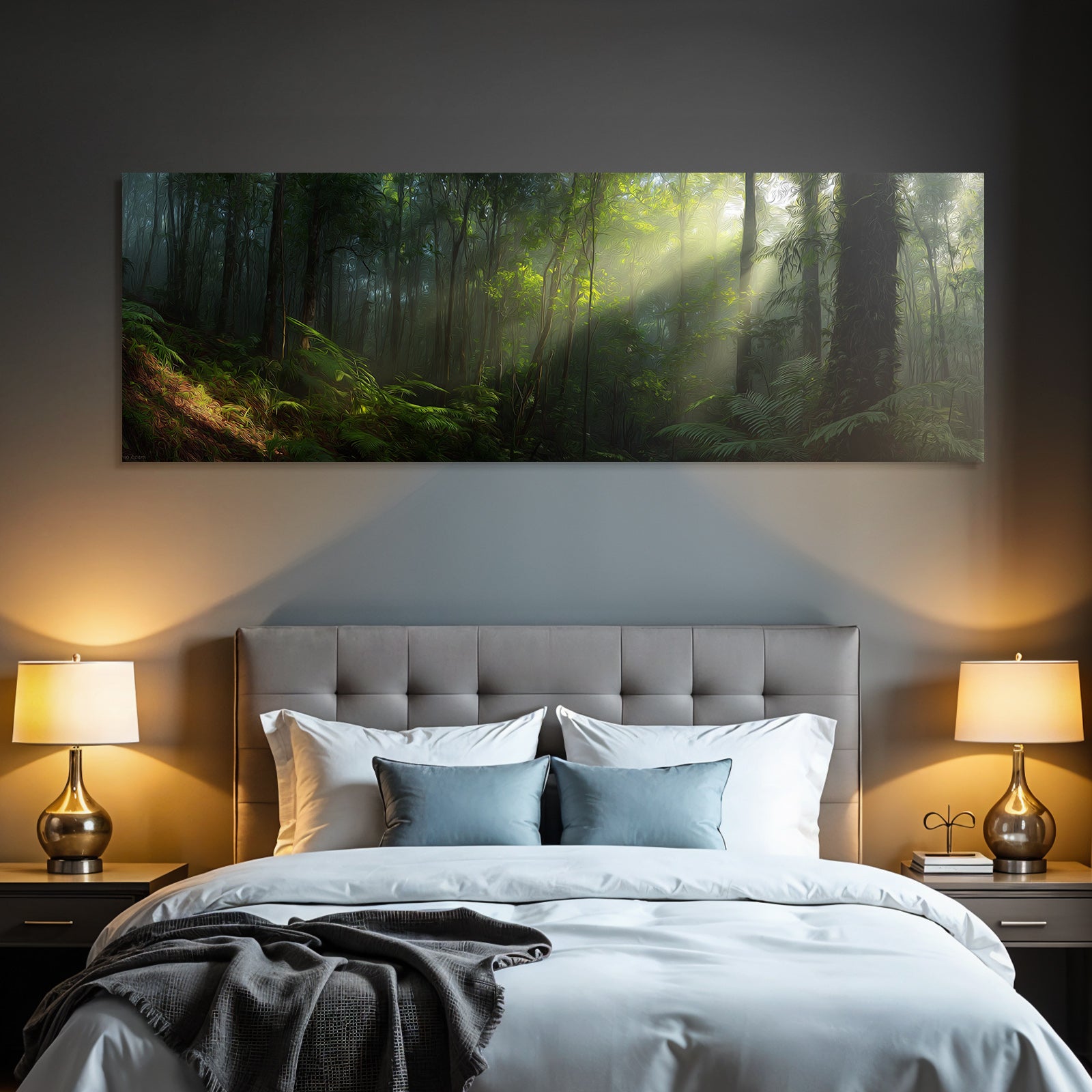 Tropics and jungle misty forest scene with light-filled trees and distant