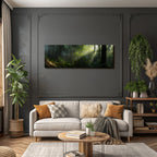 Tropics and jungle misty forest scene with light-filled trees and distant
