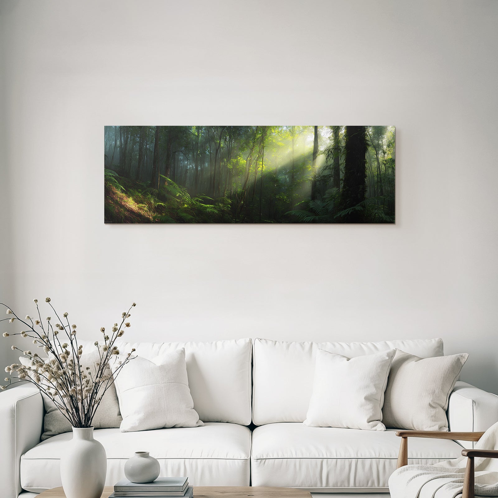 Tropics and jungle misty forest scene with light-filled trees and distant